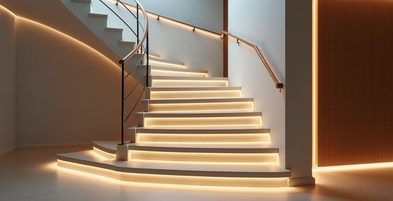 Escalier moderne avec led intégrées, main courante élégante et revêtement antidérapant stylé