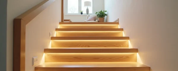 Photographie réaliste d'un escalier intérieur contemporain, éclairage naturel, main courante moderne et éléments de sécurité visibles, ambiance chaleureuse