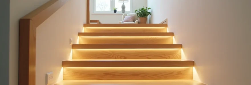 Photographie réaliste d'un escalier intérieur contemporain, éclairage naturel, main courante moderne et éléments de sécurité visibles, ambiance chaleureuse