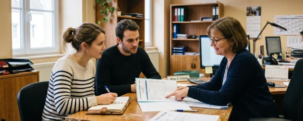 Un couple consulte un conseiller bancaire autour d'un bureau pour préparer un projet immobilier.