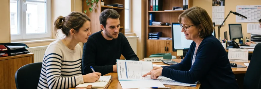 Un couple consulte un conseiller bancaire autour d'un bureau pour préparer un projet immobilier.